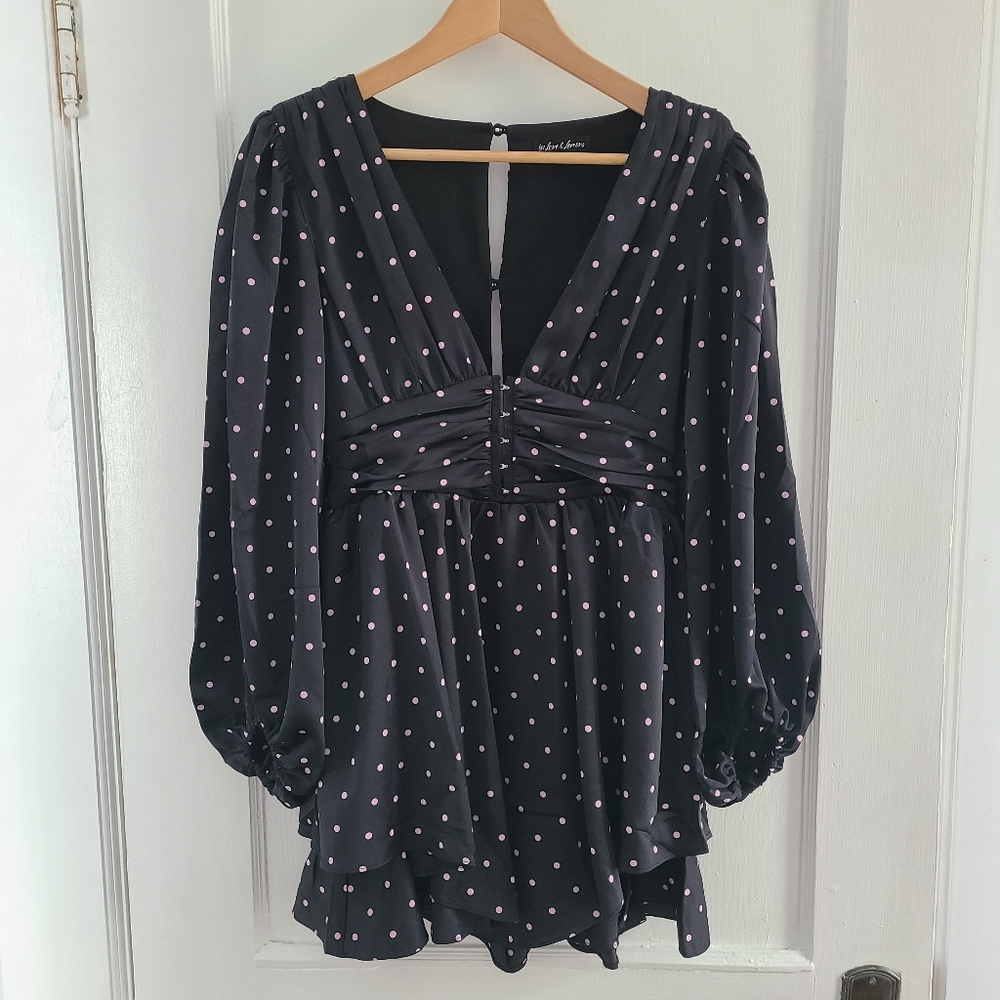 For Love & Lemons Black and Pink Polka Dot Long Sleeve Dress